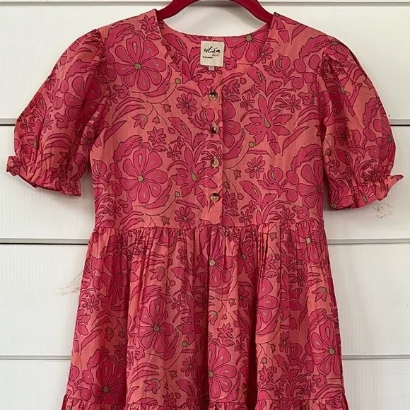 Utsa Kids Pink & Gold Floral Cotton Summer Dress Size 9/10 - Picture 3 of 14